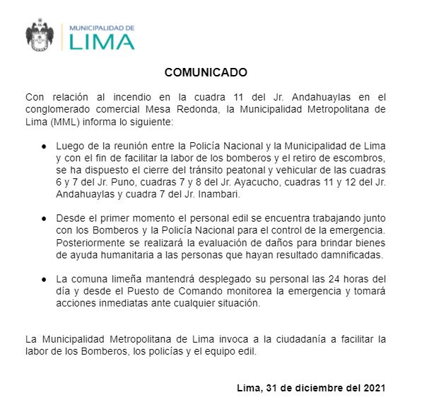 COMUNICADO - Municipalidad Metropolitana de Lima